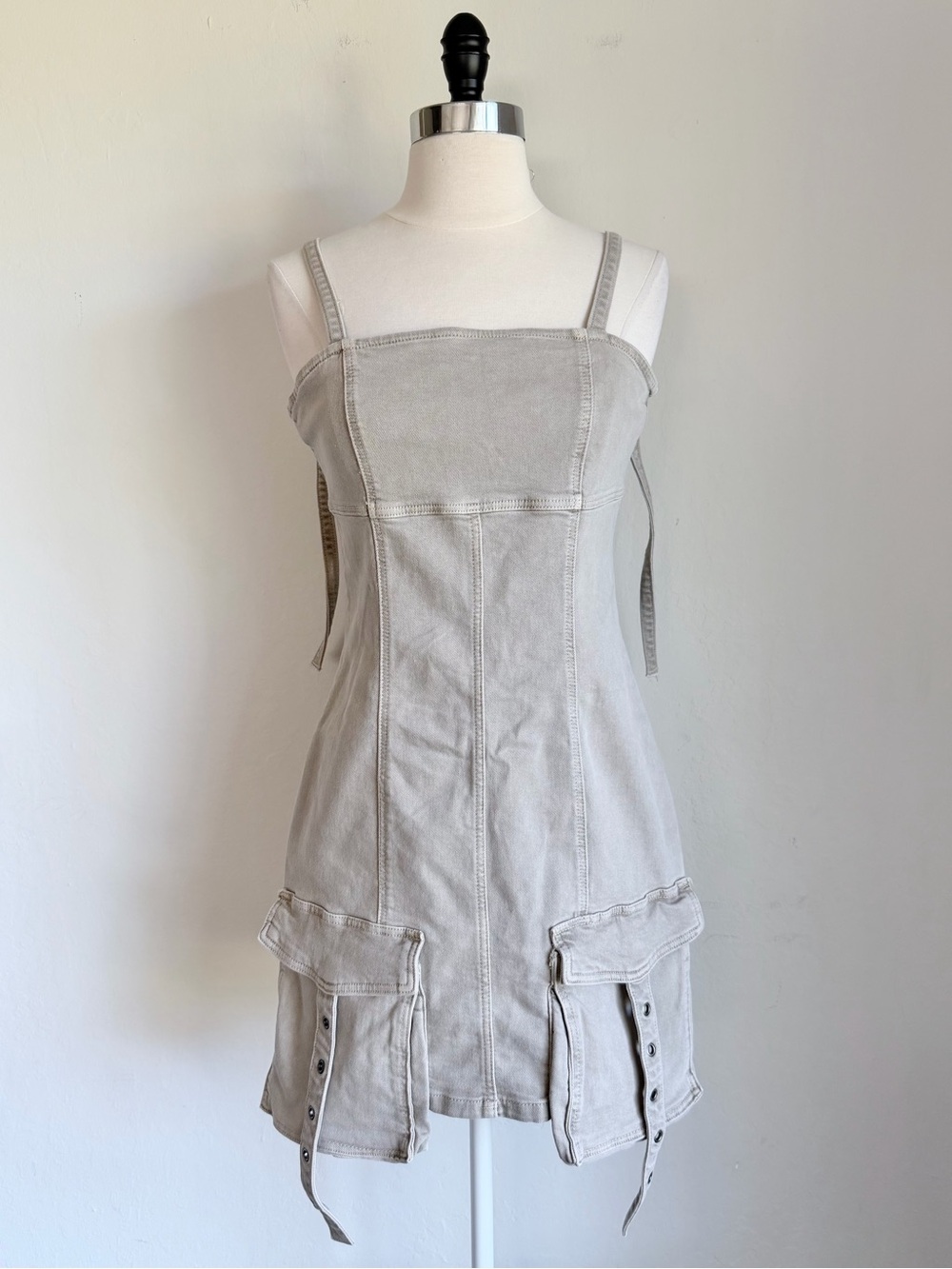 H&M Divided Cargo Denim Mini Dress Adjustable Straps Stretch, Stone Gray, Sz S